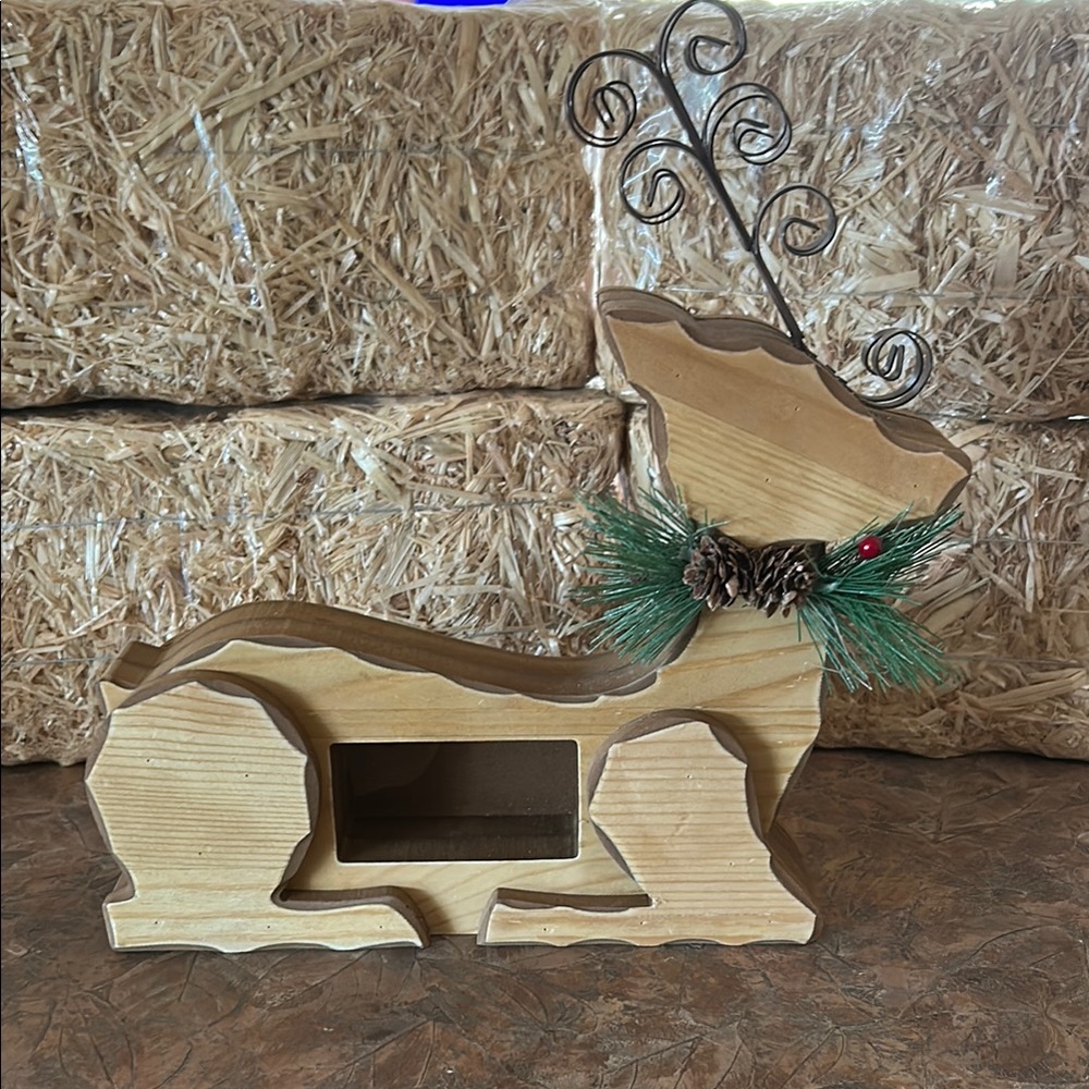 Hand Carved Wooden Reindeer Decor with Pine Accents And Metal Antlers
